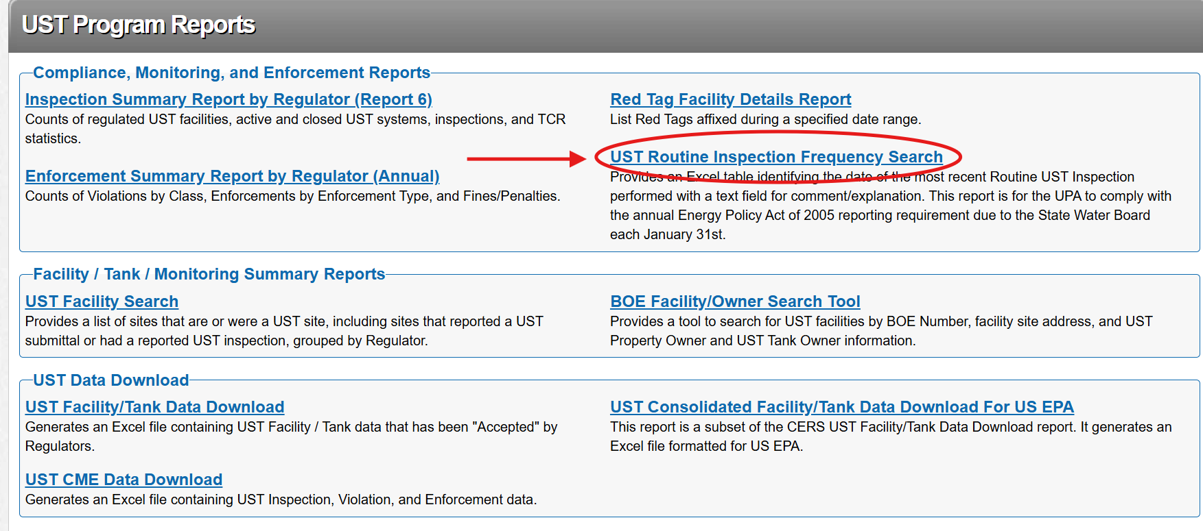 Screenshot of the CERS Regulator Reports page with a red arrow pointing to the 'UST Routine Inspection Frequency Search' in the UST Program Reports section, highlighted by a red circle.