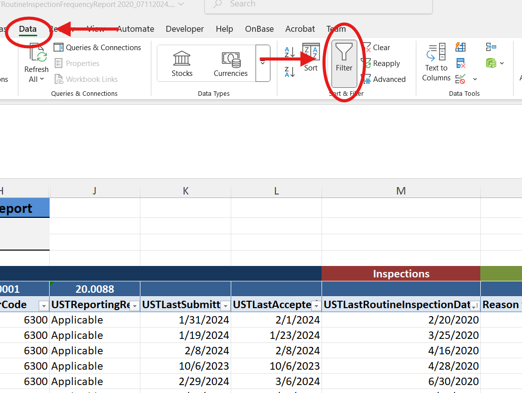 Screenshot of the 'UST Routine Inspection Frequency' excel document with a red arrow pointing to 'Data ribbon tab' at the top, and 'Filter' function, both highlighted by a red circle.