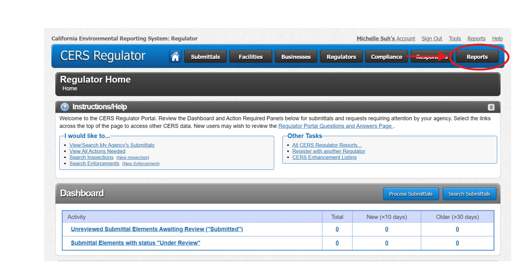 Screenshot of the CERS Regulator home page with a red arrow pointing to 'Reports' in the top navigation menu, highlighted by a red circle.