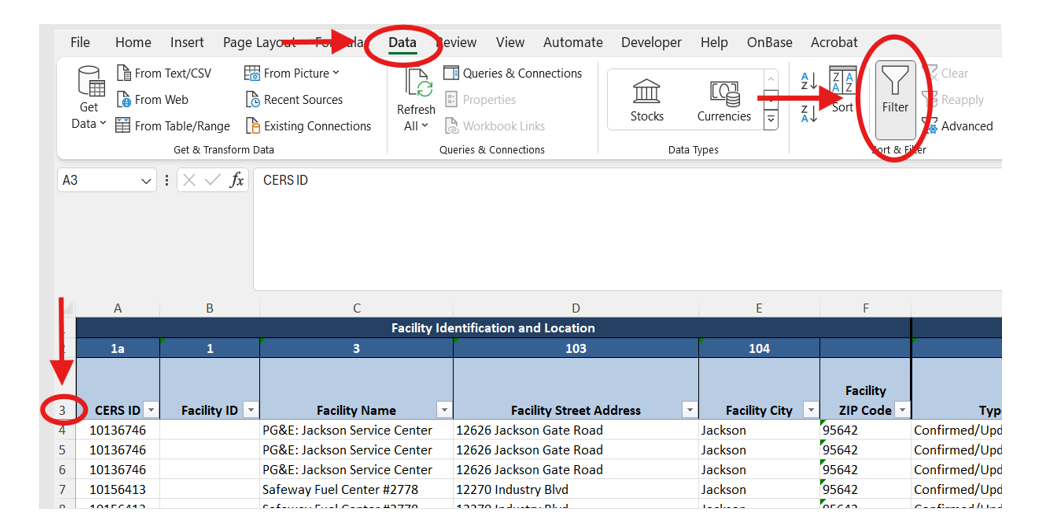 Screenshot of the 'UST Tank and Monitoring Plan Info' tab with a red arrow pointing to 'Row #3', 'Data ribbon tab' at the top, and 'Filter' function, all highlighted by a red circle