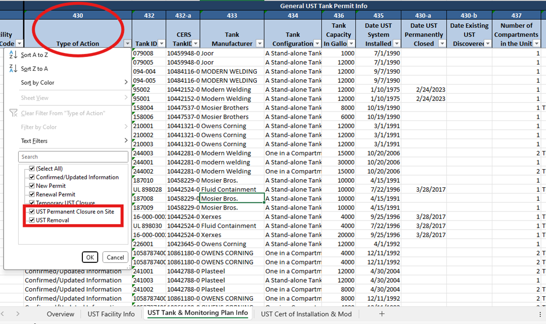 Screenshot of the 'UST Tank and Monitoring plan Info' tab with a red circle highlighting 'Column 435' which is named 'Date UST System Installed' and the dates shown in the drop down list of column 435