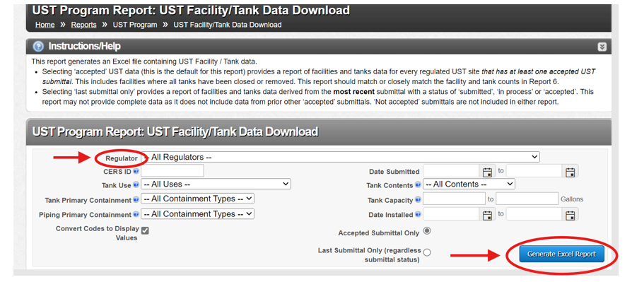 Screenshot of the UST Facility/Tank Data Download page with a red arrow pointing to 'Regulator' and 'Generate Excel Report', which are both highlighted by a red circle