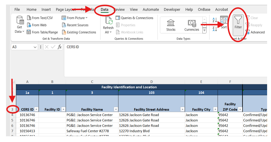 Screenshot of the 'UST Tank and Monitoring Plan Info' tab with a red arrow pointing to 'Row #3', 'Data ribbon tab' at the top, and 'Filter' function, all highlighted by a red circle