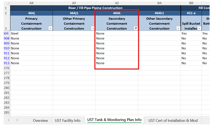 Screenshot of the 'UST Tank and Monitoring plan Info' tab with a red box highlighting 'Column 464k' named 'Secondary Containment Construction'. The data has been filtered to show column 464k with 'None' 