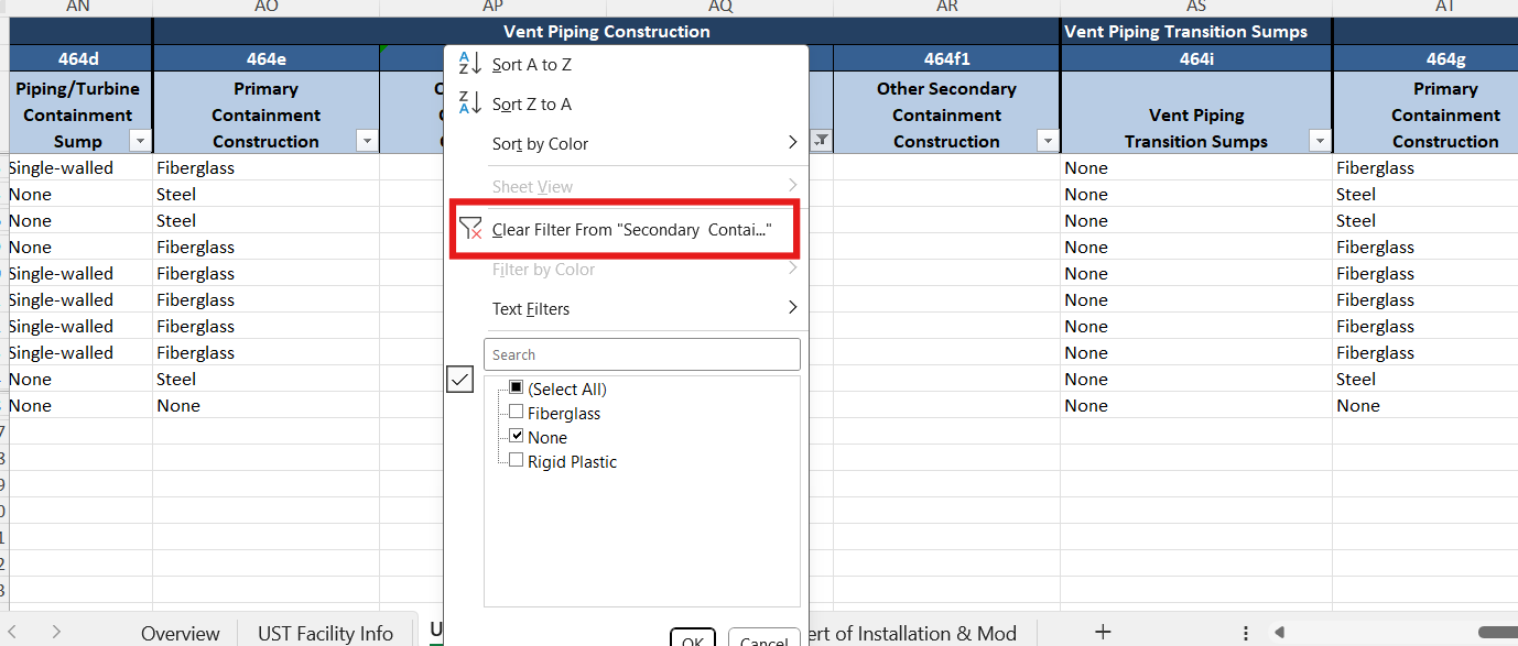 Screenshot of the 'UST Tank and Monitoring plan Info' tab. A red box highlights the 'Clear Filter from Secondary Containment Construction'