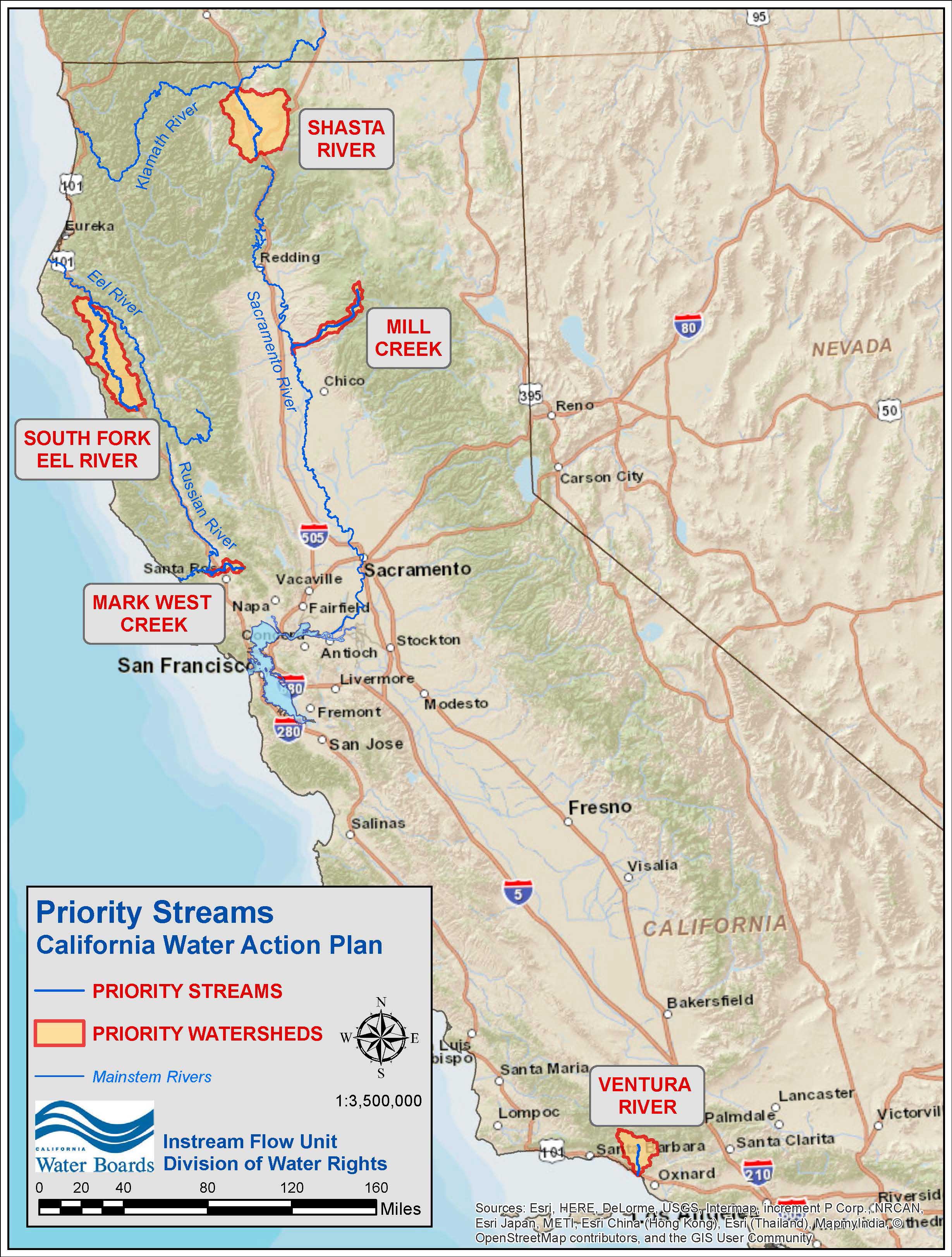 Topographic map of California showing the locations of the five priority watersheds that the State Water Resources Control Board and California Department of Fish and Wildlife have identified as a starting point for the California Water Action Plan effort. From north to south, the streams are the Shasta River, tributary to the Klamath River; Mill Creek, tributary to the Sacramento River; the South Fork Eel River; Mark West Creek, tributary to the Russian River, and the Ventura River.